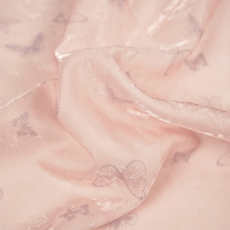 2Yards Slightly translucent light pink butterfly print jacquard fabric for dresses, shirts, and clothing decorationB
