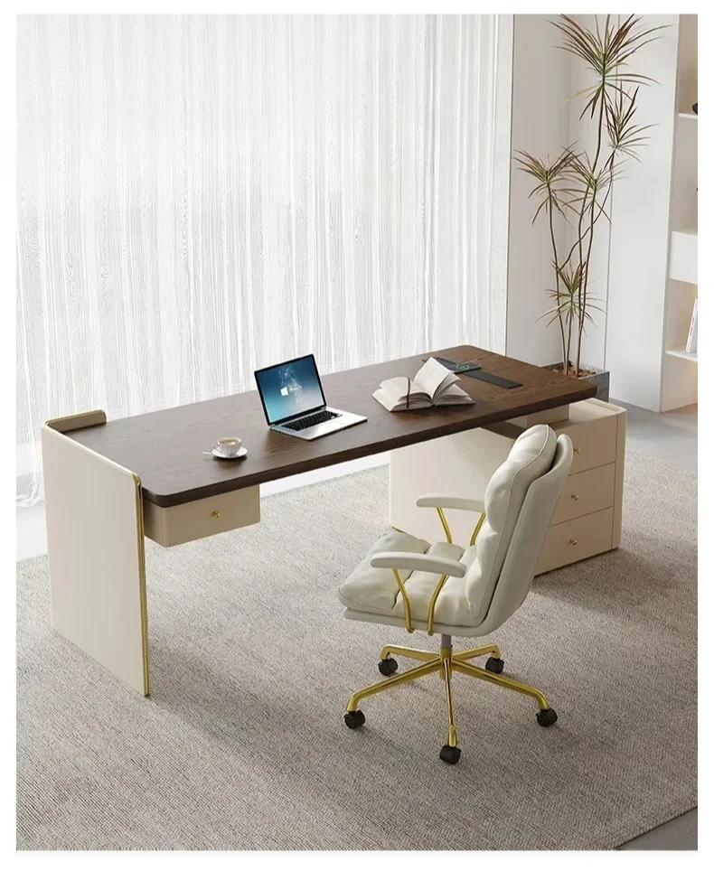 

Italian simple high-end corner computer desk L-shaped solid wood side cabinet integrated