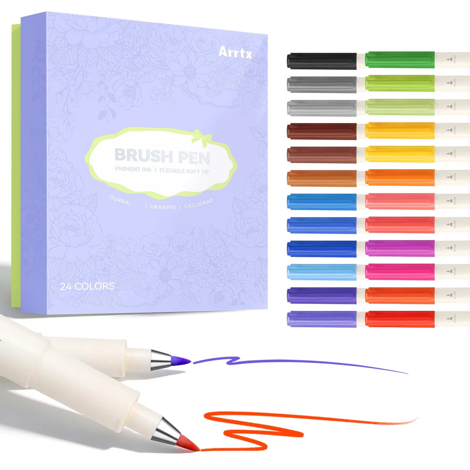 Arrtx 24 Colours Water-Based Brush Pens, Flexible Tip Art Markers for Hand Lettering, Calligraphy, Journaling and Drawing