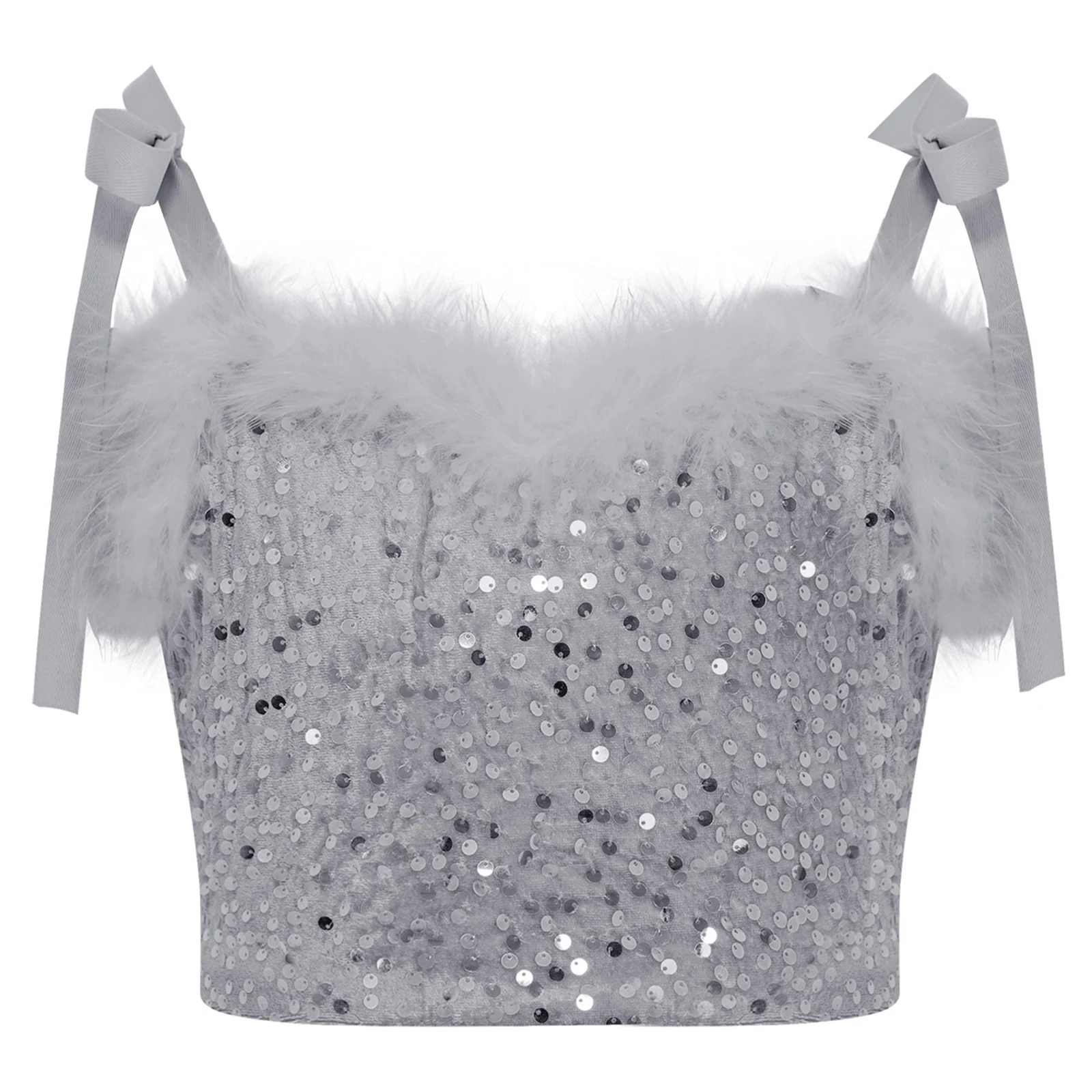 

Kids Girls Hip-Hop Jazz Dance Top Feather Trim Glittery Sequins Lace-up Straps Camisole Crop Top for Party Dance Performance