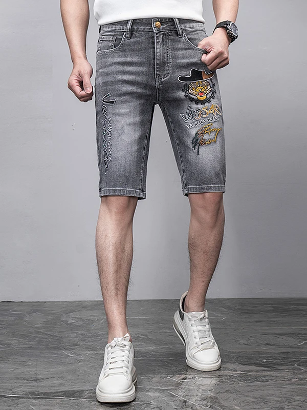 

Light Blue Denim ort Pants Men's Summer Thin Five-Point Casual Tiger Letter Embroidery Cotton Stretch Jeans Trendy Straight...
