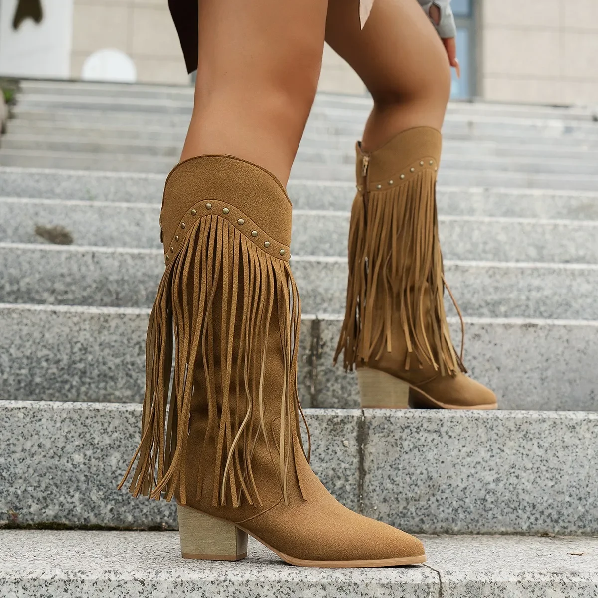 Plus Size 43 Women's Tassels Western Knee High Boots Cowboy Cowgirl Boots Chunky Heel Platform Boots Women Western Shoes view 3