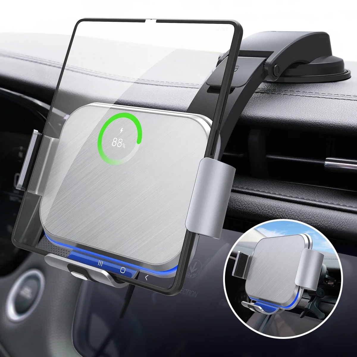 15W Qi KC PSE Built-in Farad Capacitor Wireless Charging Phone Holder S8 For S-amsung Z Fold iPhone 2 Coil  Car Charger