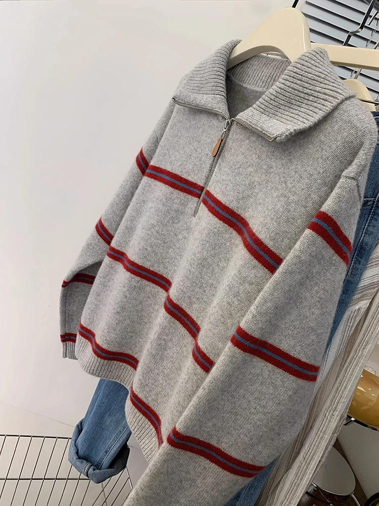 Striped Turn-down Collar Sweaters Women Half Zipper Pullover Top Autumn Winter Korean Casual Versatile Lazy Style Knitted Tops