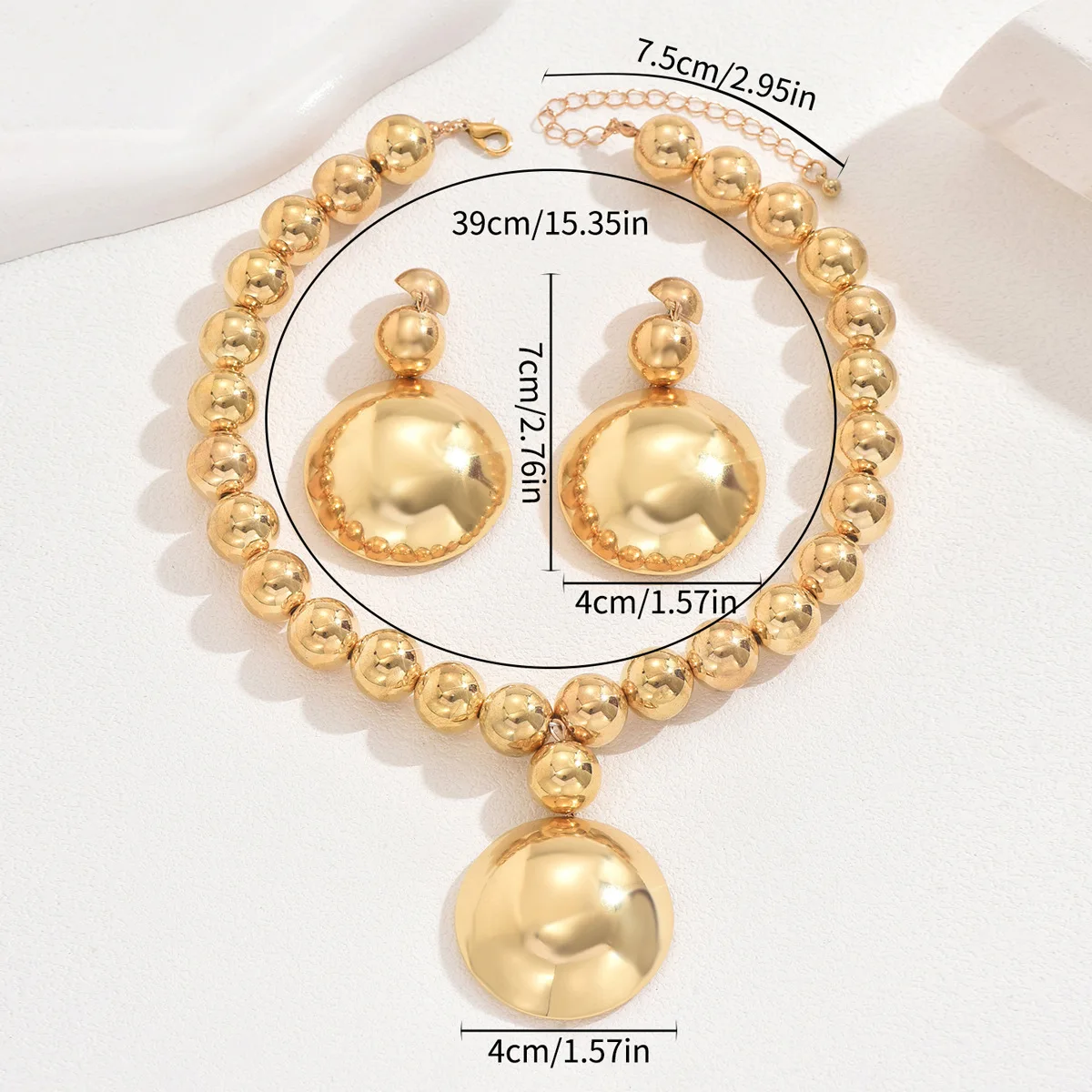 Vintage Oversized Smooth Ball Bead Necklace Earring Set Glossy Large Round Disc Charm Trendy European American Daily