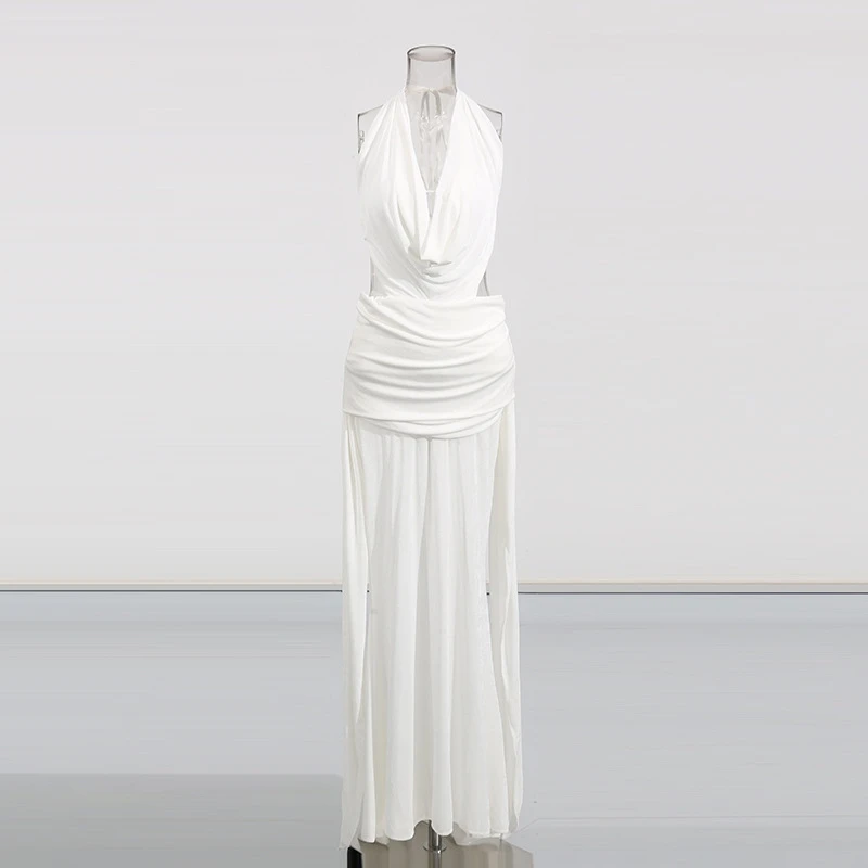 Vestidos ceñidos con espalda descubierta y empalme liso para mujer, vestido Midi de noche con pliegues transparentes y sin mangas con cuello Halter para mujer