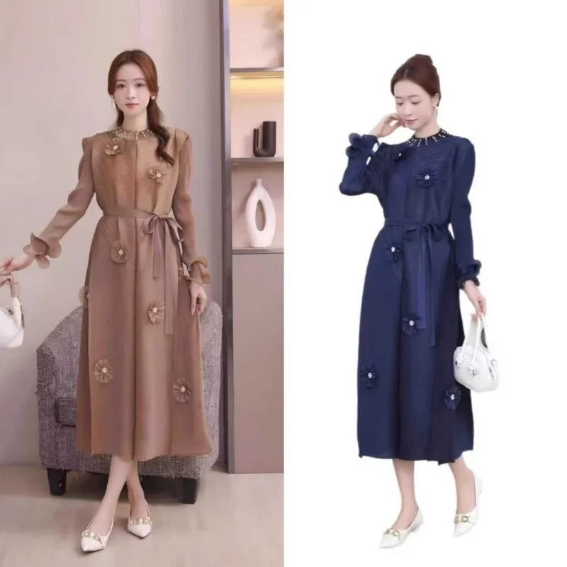 

Плиссированное платье Miyake 2025 года, вечернее платье больших размеров, осеннее новое модное однотонное свободное платье с бисером, темпераментные элегантные женские длинные платья