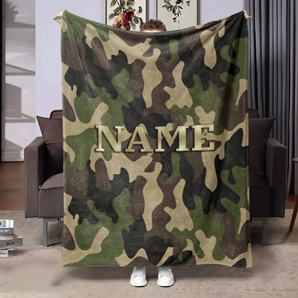 Personalisierte Flanelldecke mit individuellem Namen und Tarnmuster, ganzjährig, ideal für Militärbegeisterte, für Sofa, Bett, Camping, Reisen