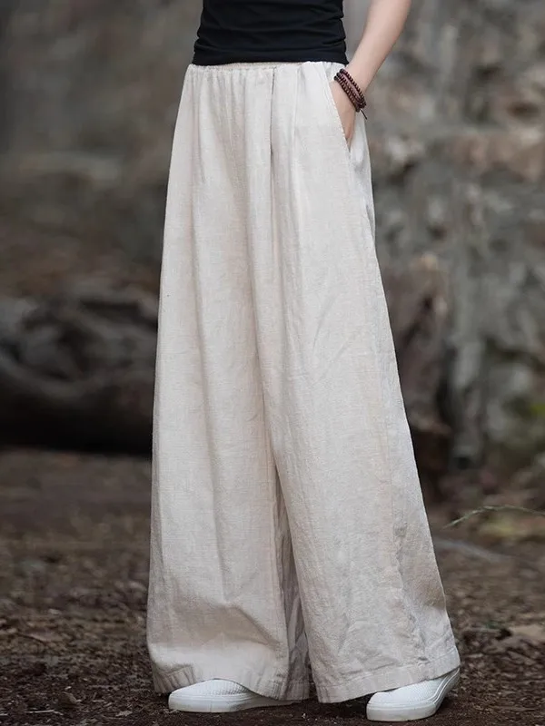 Cotton Linen Wide Leg Pants Women Summer 2025 New Zen Style Retro Big Mouth  Silk Casual Loose Match All Long Pants