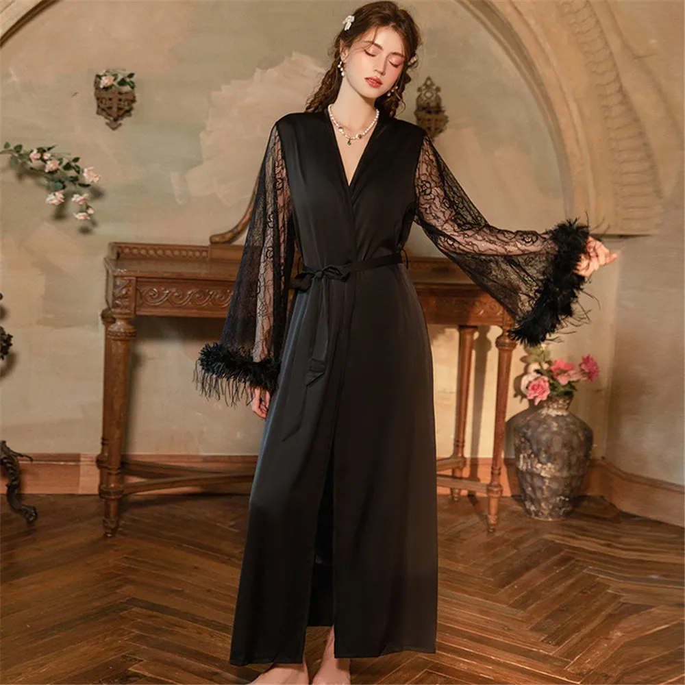 

Silky Satin Female Long Robe Velvet Nightgown 2PCS Sleepwear Set Sexy Velour Nightdress Elegant Night Wear Loungewear