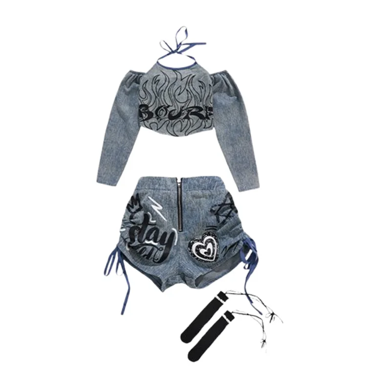 Kinder Streetwear Bühne Kostüm Mädchen Street Dance K-pop Denim Crop Top Cargo Jeans Hosen Kinder Hip Hop Jazz Shorts kleidung