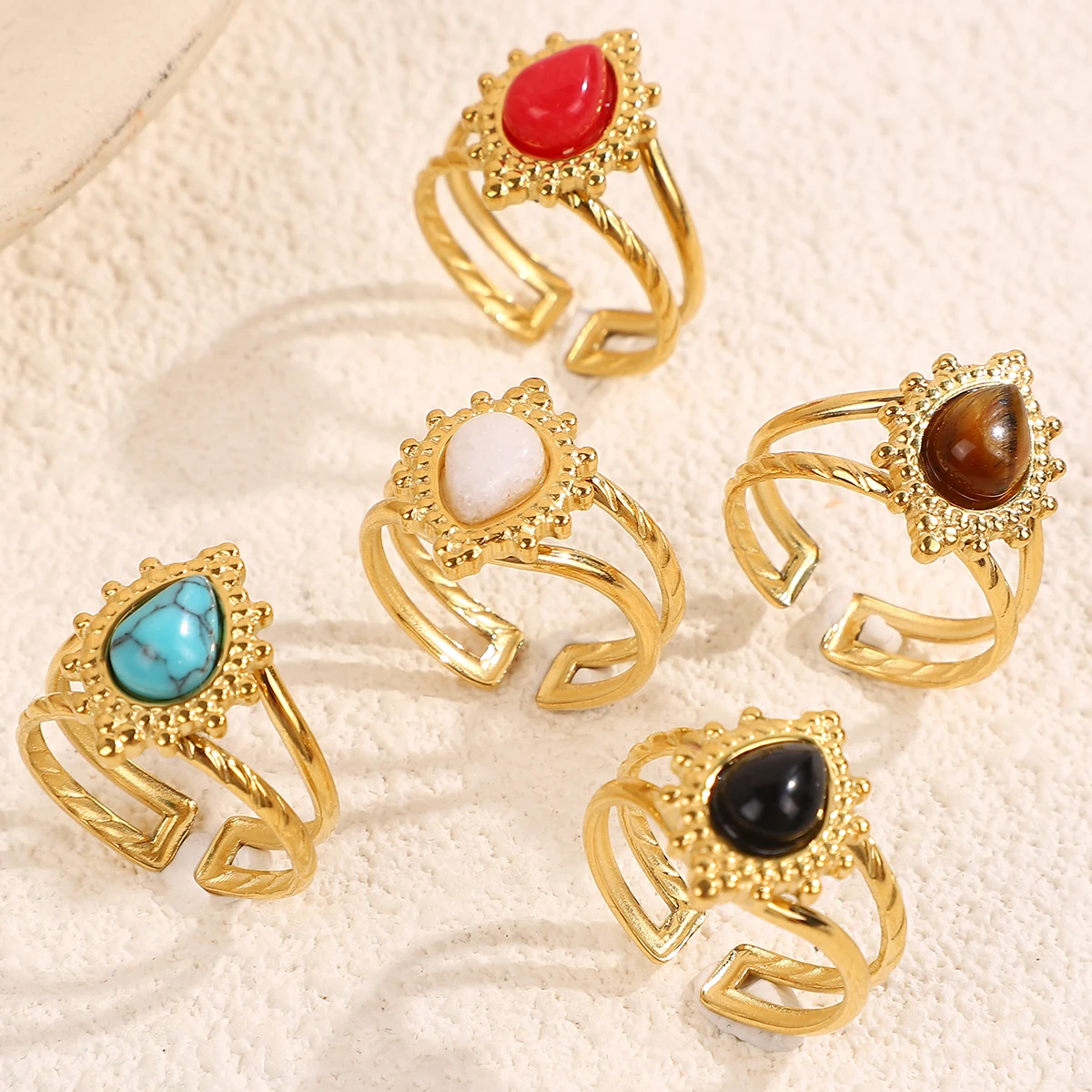 

Baroque Exquisite Water Drop Natural Stone Rings For Women Boho Bohemian Stainless Steel Engagement Ring Wedding Fashion Jewelry