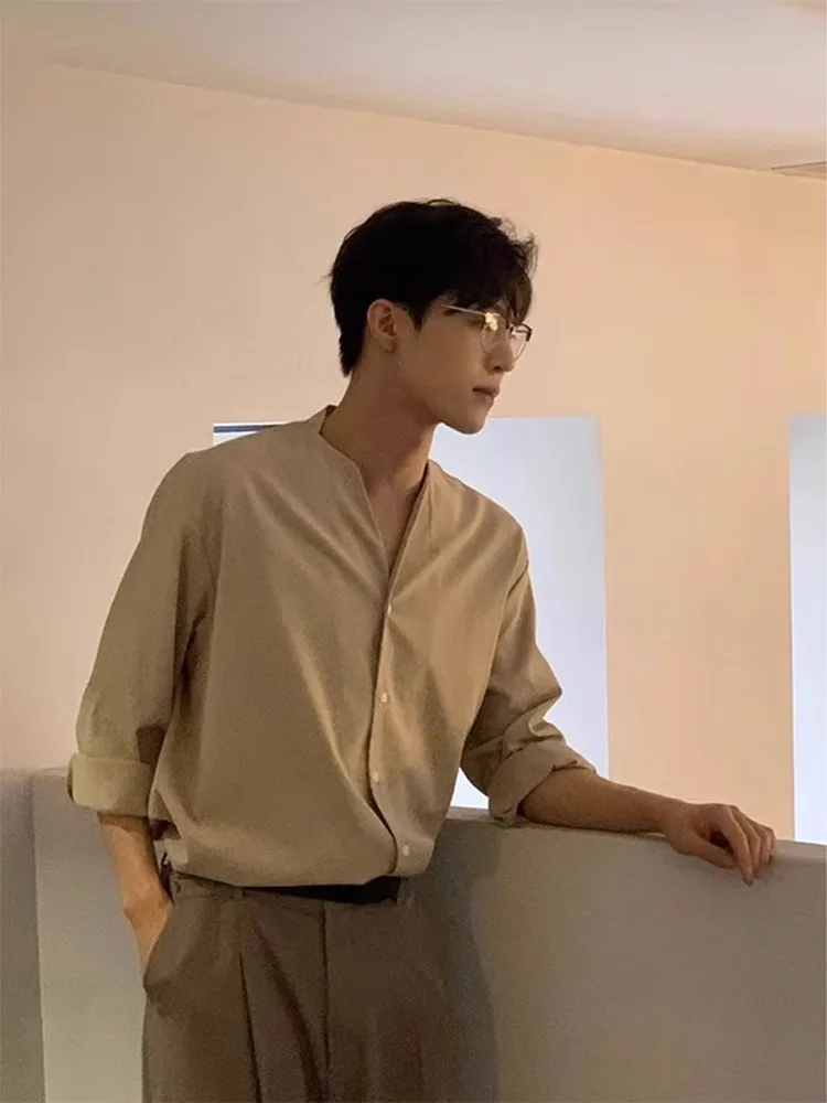 

Khaki Long Sve Men's irt No Collar Spring Summer Japanese Design Trendy High-End Drapey Collarl Youthful Loose Fit