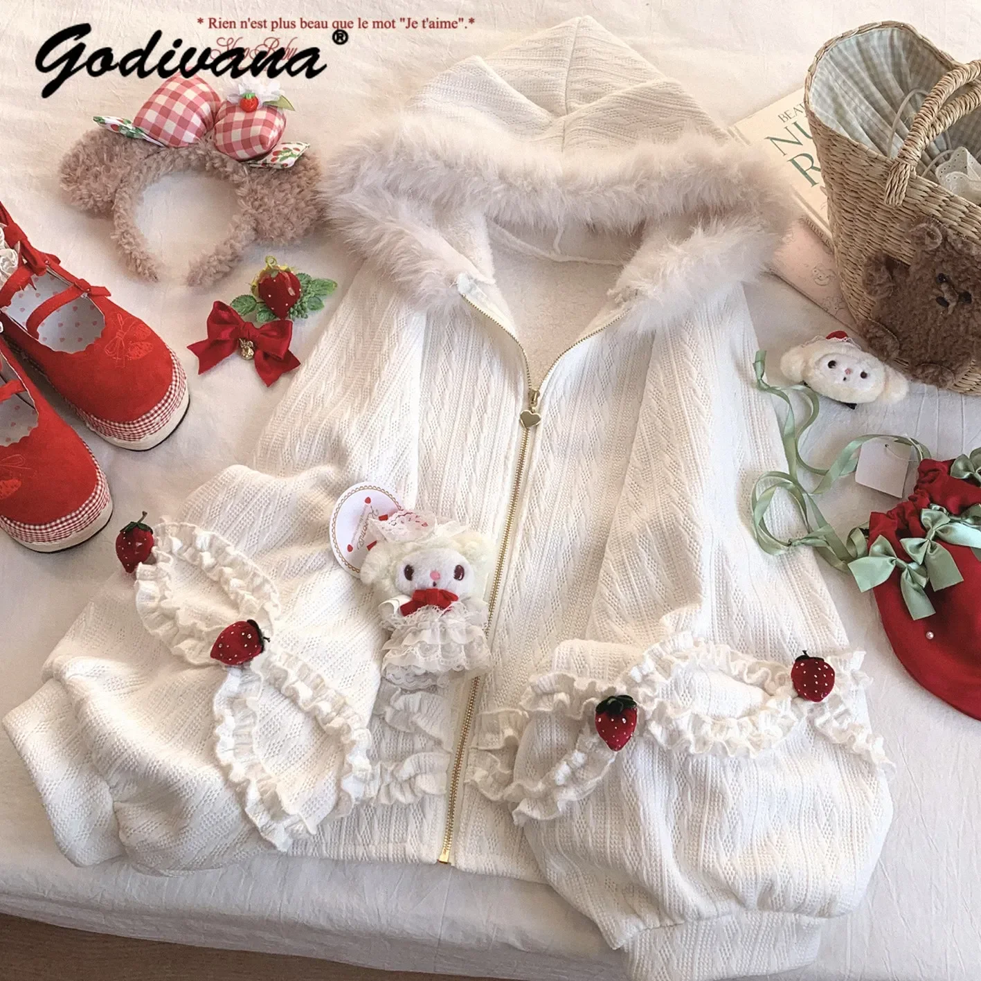 Sweet Lolita Knit Coat Strawberry Cake Girl Women's Casual Velvet Fleece Lined Jacket Cute Fluffy Hooded Winter Warm Outerwear
