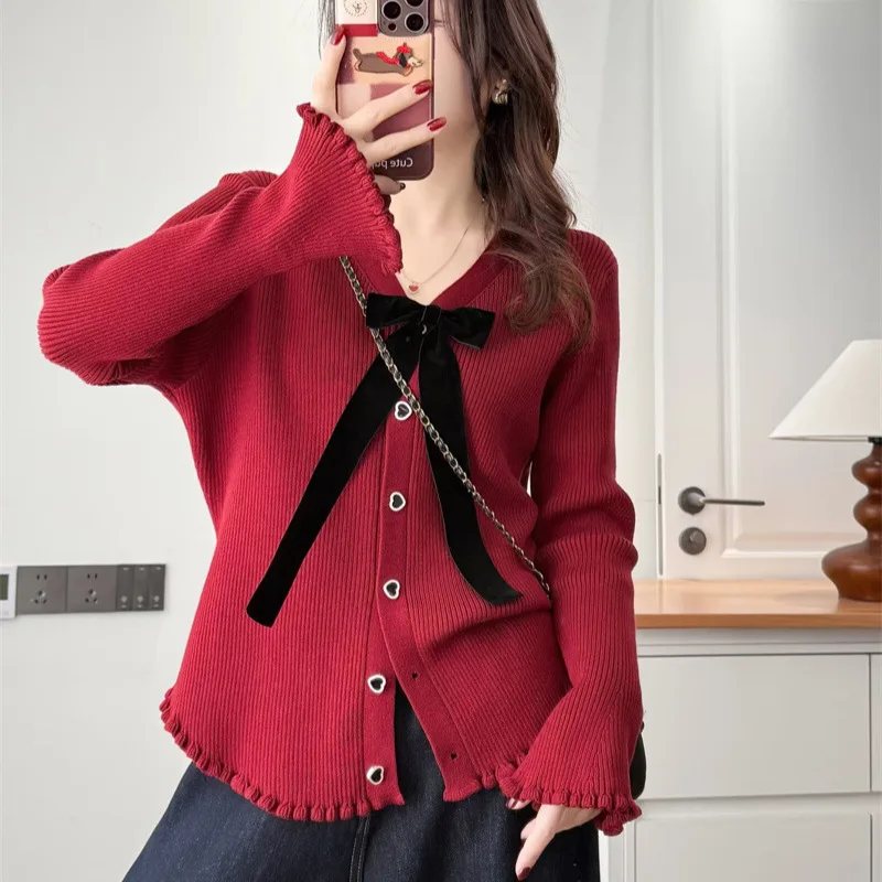

XXXXL Fashion Plus Size Woman Clothing Sweater Spring 2026 Knitted Bow Cardigan V-neck Long Sleeved Chic Style Jumpers 2570