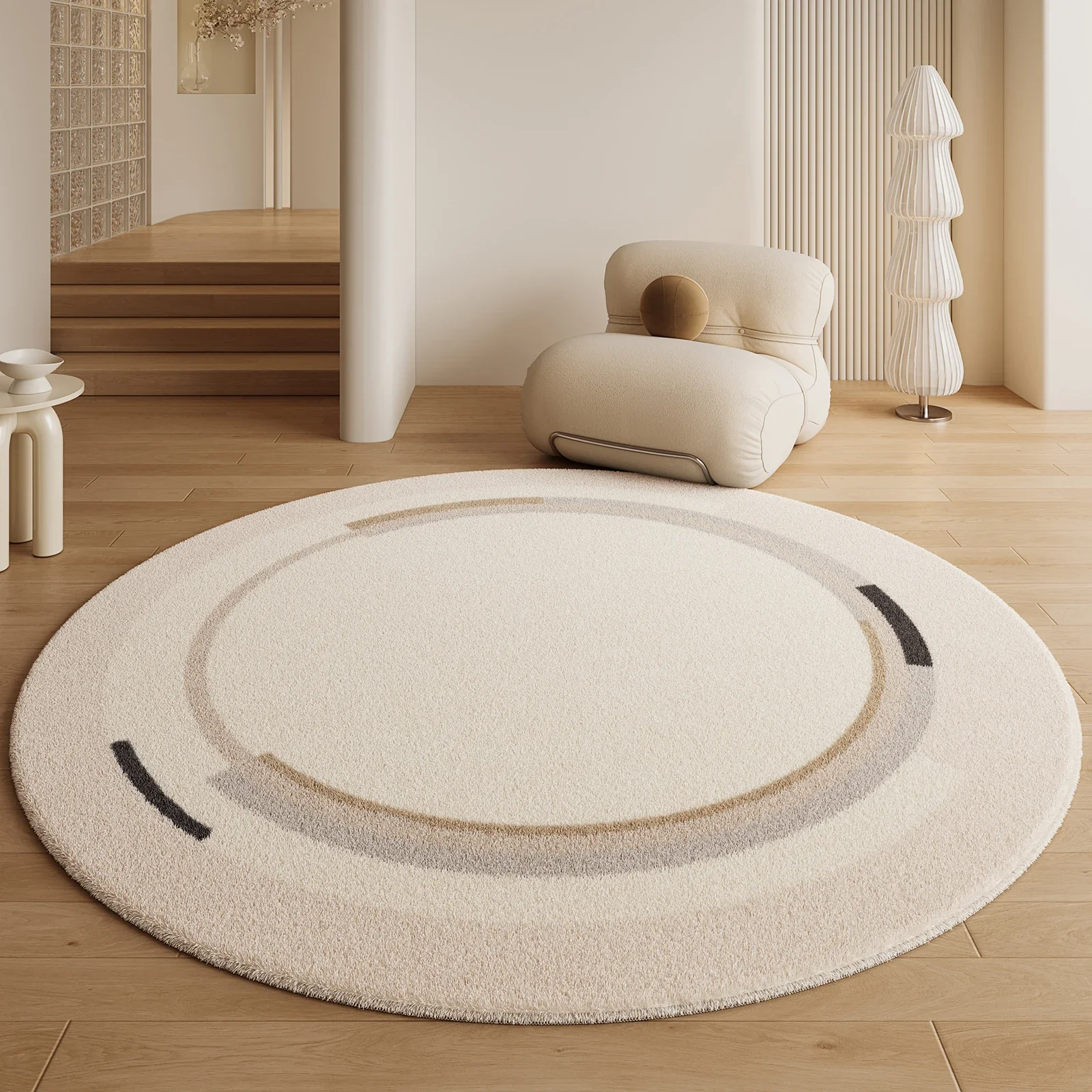 VIKAMA Runder Teppich im cremefarbenen Stil für Wohnzimmer und Schlafzimmer, kurzer Flor, kein Pflege, Nachttisch-Teppich für den Innenbereich, pflegeleicht, Heimdekor-Teppich