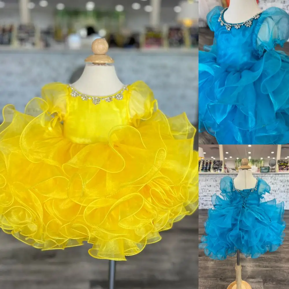Paillettes Cupcake fille Pageant robe mancherons jaune court petit enfant anniversaire amusant mode Cocktail robe de soirée infantile enfant en bas âge Miss