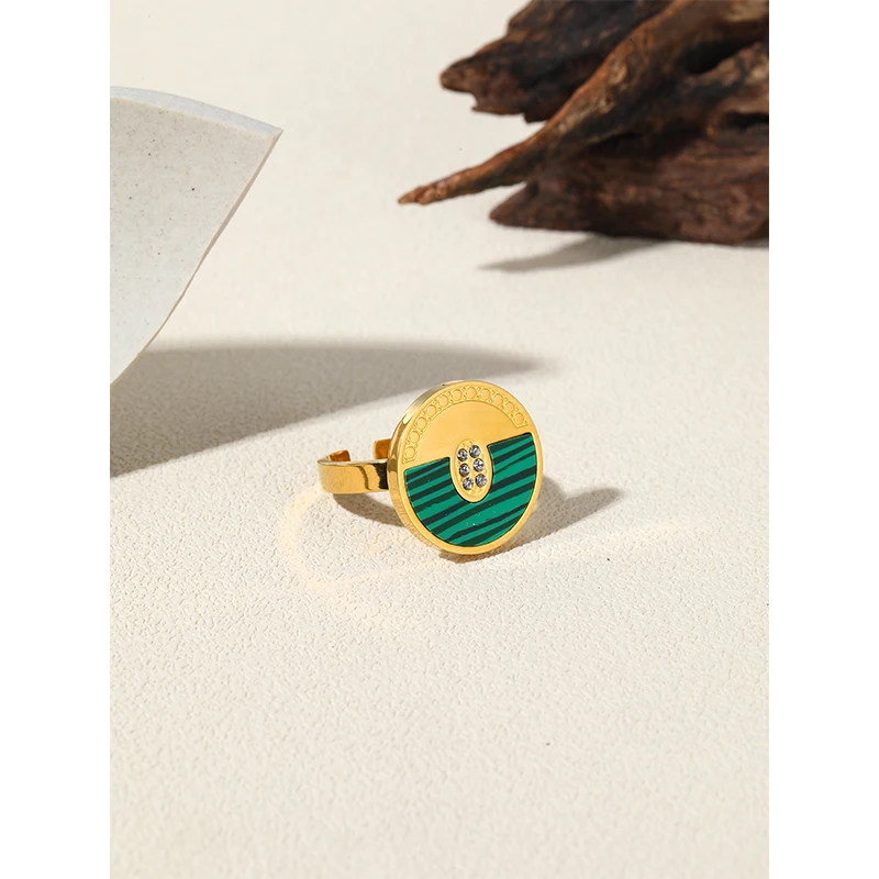 YACHAN 18K Gold Plated Geometric Stainless Steel Rings for Women Shell Malachite Trendy Zircon Luxury Jewelry