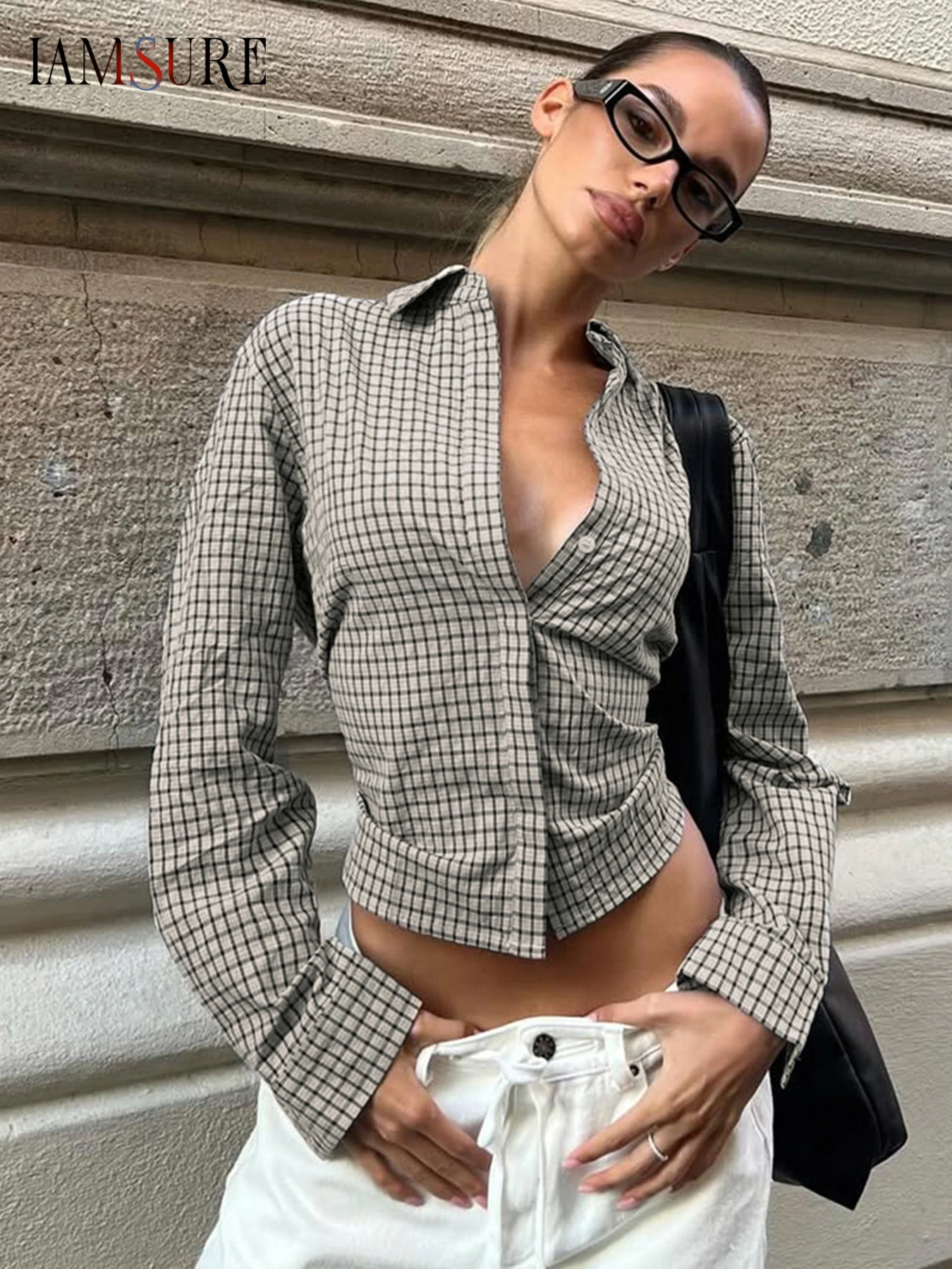 

IAMSURE Office Casual Plaid Blouse Basic Slim Turn-Down Collar Long Sleeve Shorts Women 2025 Autumn Spring Fashion Streetwear