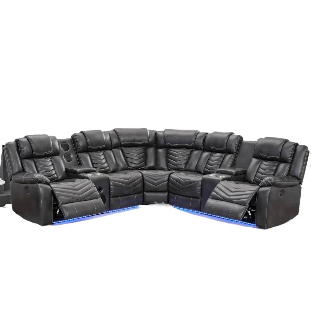 recliner，Power Reclining Sectional Couch with Bass Speaker Recliner Reclining Sectional Sofa with LED Light Faux Leather