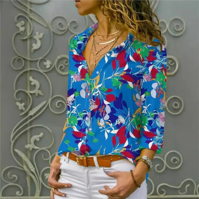 New Women's Long Sleeved Blouse With Lapel Button 3D Digital Flowers Color Printed Top For Casual 2024 Elegant Cardigan Blouse