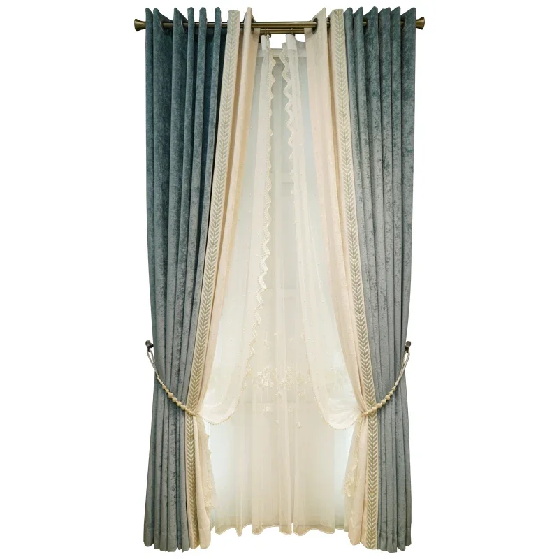 New Light Blue Beige Chenille Thickened Splicing Curtains for Living Room Bedroom Jacquard Window Screen Customization