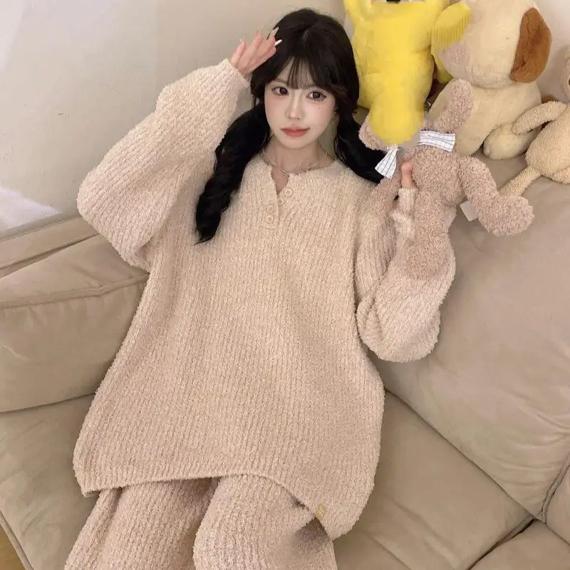 

Горячая одежда для отдыха Lazy Wind, зимняя коралловая флисовая корейская версия, свободный минималистичный комплект одежды для отдыха с героями мультфильмов, новый стиль допамина, хит продаж