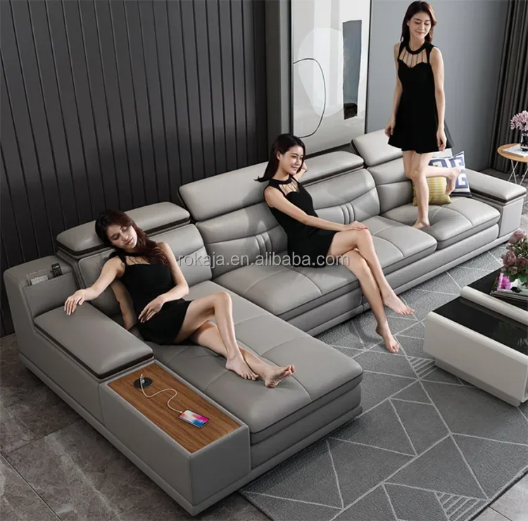 Modern Leather Smart Sofa Set Multifunctional Furniture with Audio Charger Sofa 7 Seat L Shape Sectional Sofa with USB