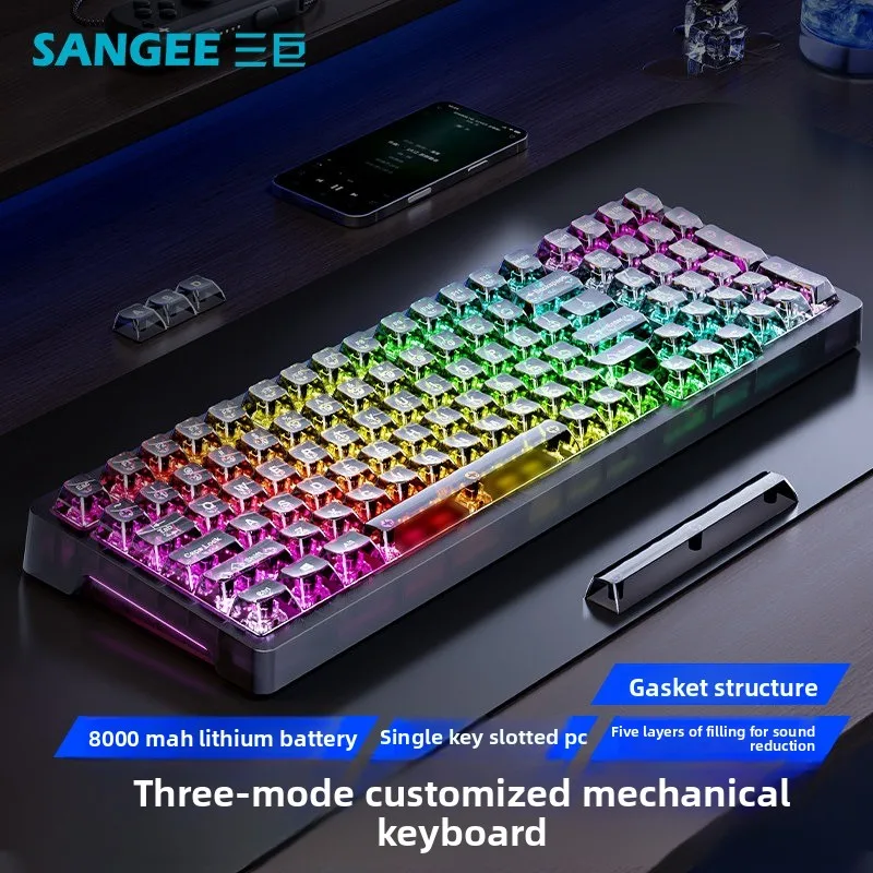 Sangee SG99 Pro Transparent Tri-Mode Wireless Mechanical Keyboard RGB Backlit Hot Swappable 99keys Gaming Keypad for E-Sport