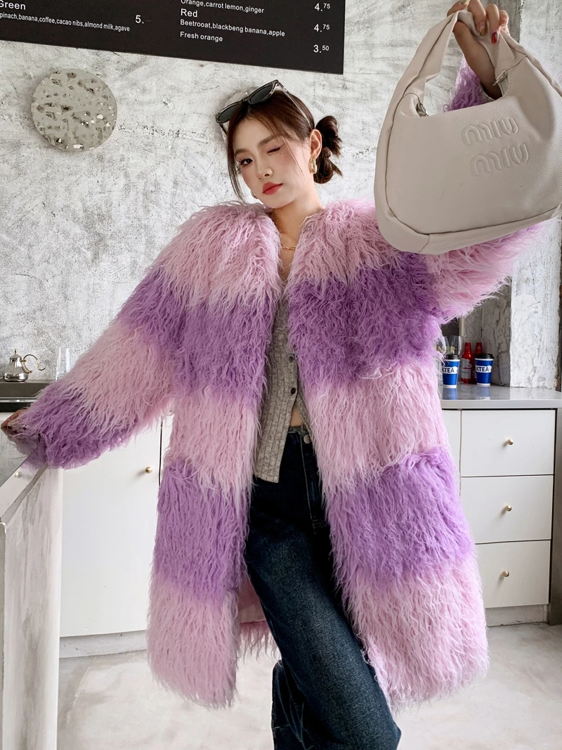 

Original Design Female Contrast Color Faux Fur Coat Loose Splicing Long Jacket Lady Shaggy Outerwear Women's Coats Promotion