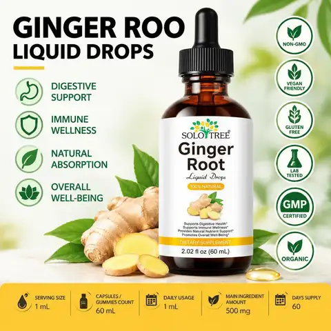Ginger Root Extract Drops Liquid for Digestive Health, Gut Balance & Nausea Support, Natural Ginger Formula Sugar Free 60ML
