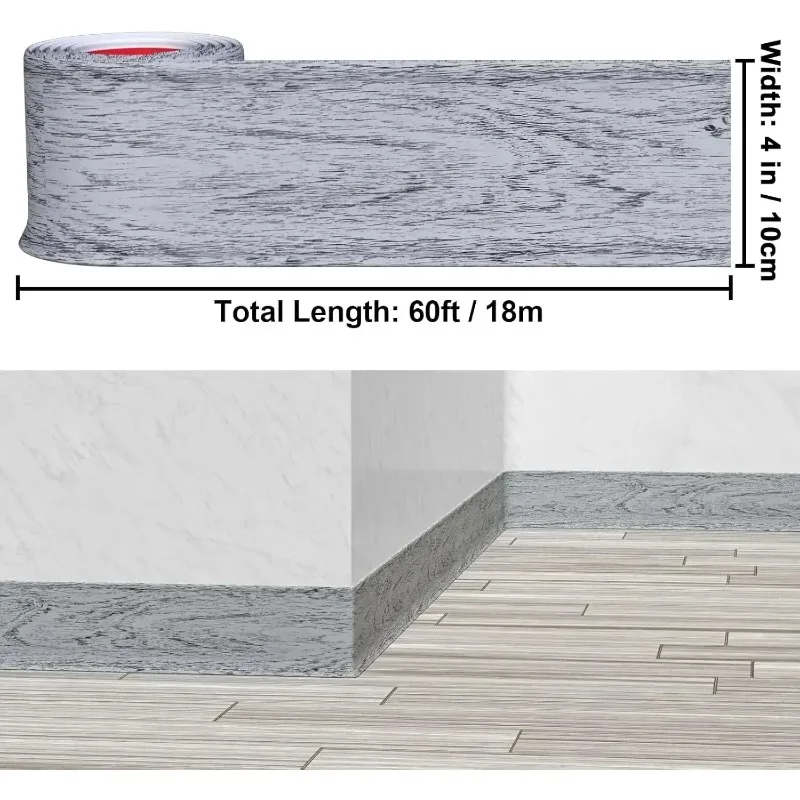 유연한 벽 걸레받이 몰딩 트림, 자체 접착 비닐 바닥 베이스, 고무 베이스 몰딩, 그레이 우드 그레인, 60 피트, 4 인치