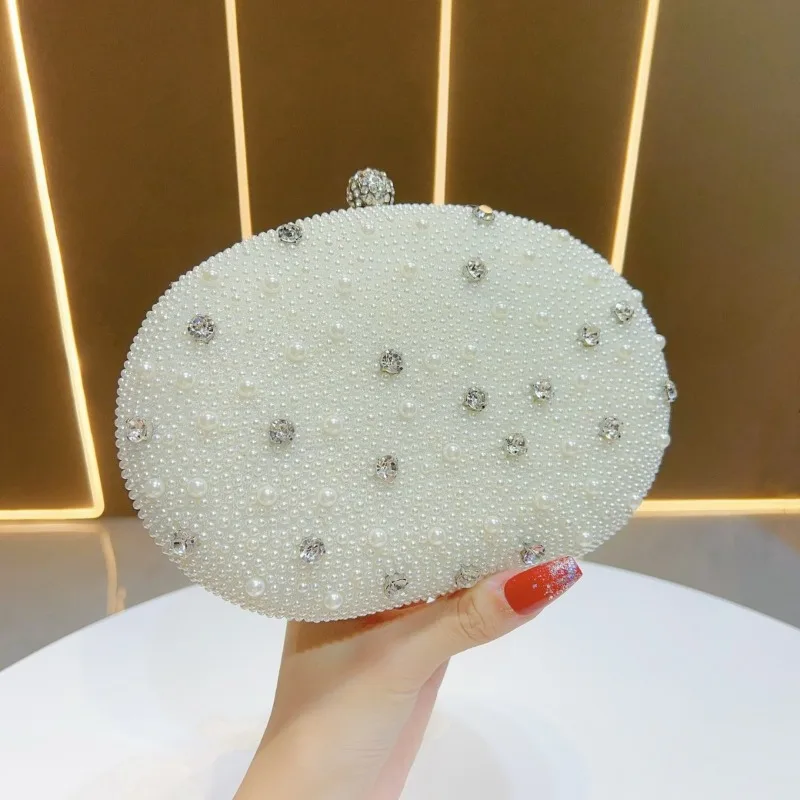 

Socialite Ladies Pearl Clutch Bags Elegant Women's Diamonds Beading Evening Bags Short/long Straps Wedding Round Egg Handbag