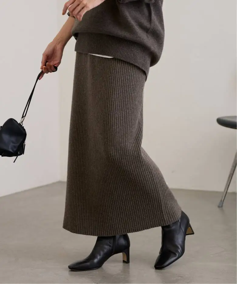 

Осенне-зимняя новинка: Утепленная универсальная юбка-карандаш из чистой шерсти с высокой талией, эластичная, вязаная, повседневная, H-образного силуэта