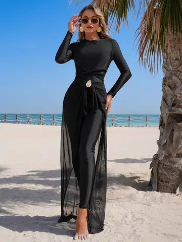 3pcs Stylish Modest Burkini with Classical Black Elegance design swimswear set Long sleeved Swimwear with Metal Waist button