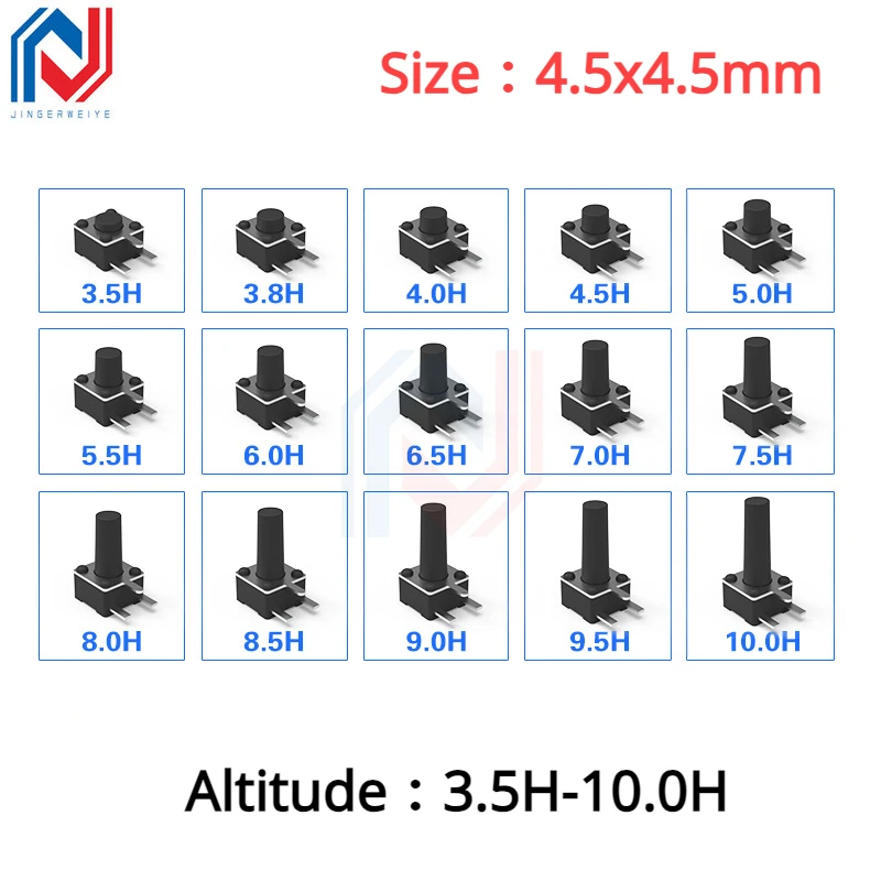20ชิ้นขนาดสวิตช์สัมผัส4.5X4.5mm 4.5*4.5*3.5-10มม. ด้านข้างสามขาแบบจุ่มปุ่มแนวนอนแผงแป้น PCB สวิตช์ปุ่ม