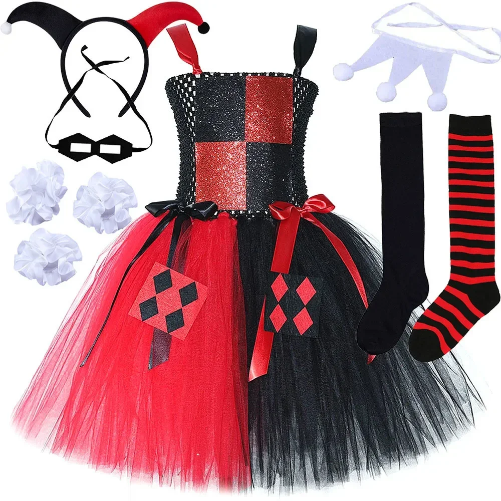 

Clown Harley Costume for Girls Red Black Villains Killer Monster Joker Tutu Dress Kids Halloween Carnival Party Dress Up Clothes