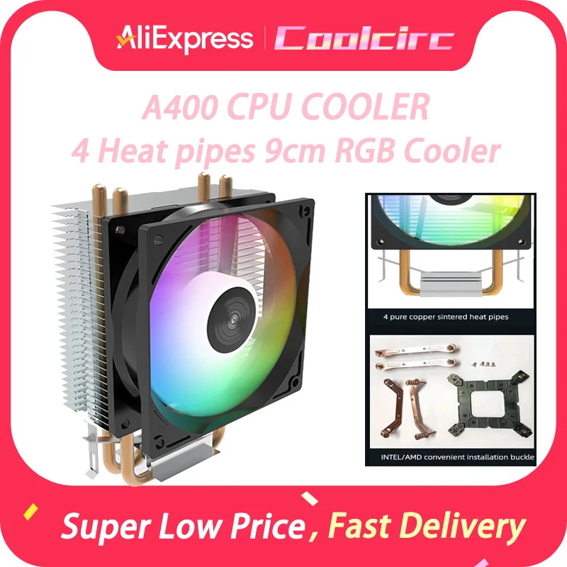 

Охладитель процессора Coolcirc A400, 4 тепловых трубки, 9 см, RGB-кулер, радиатор с воздушным охлаждением для ПК, тихие гидравлические подшипники для AMD AM2/AM3/AM4