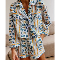 Lamuusaa Outfit Sets for Women y2k Clothes Floral/Stripe Print Lapel Collar Long Sleeve Shirt and High Waist Shorts Streetwear