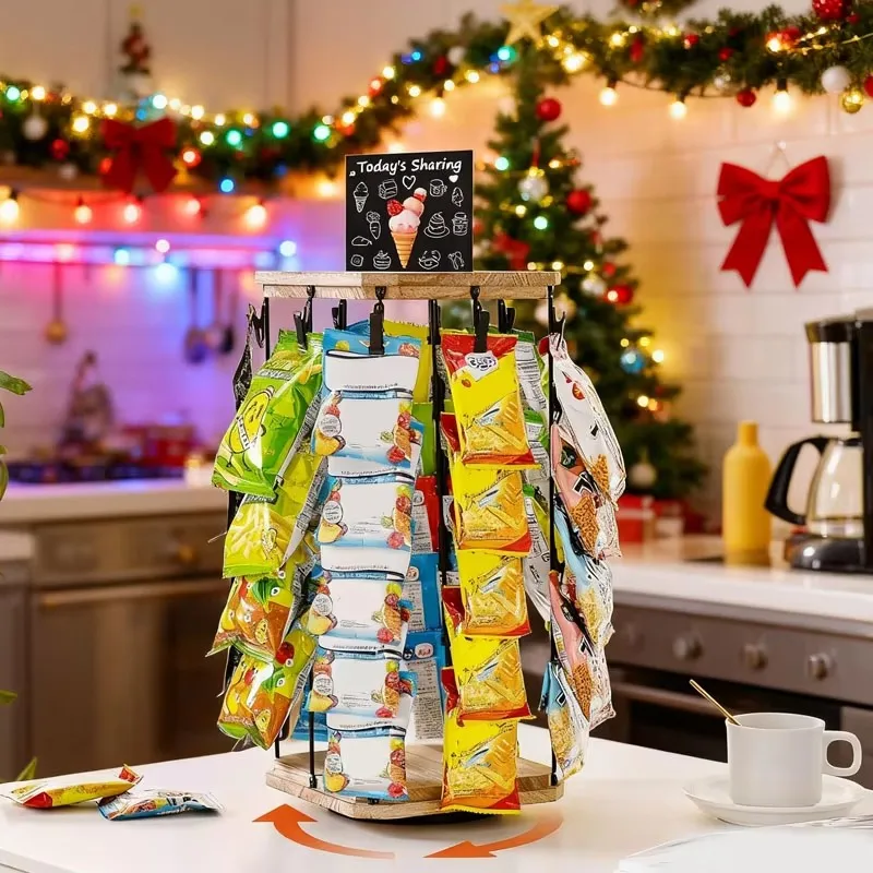 

Стеллаж для закусок, 5-я этажерка, на 40 зажимов, для офисного стола, для хранения закусок, 360 ° Вращающаяся деревянная подставка для картофельных чипсов и конфет