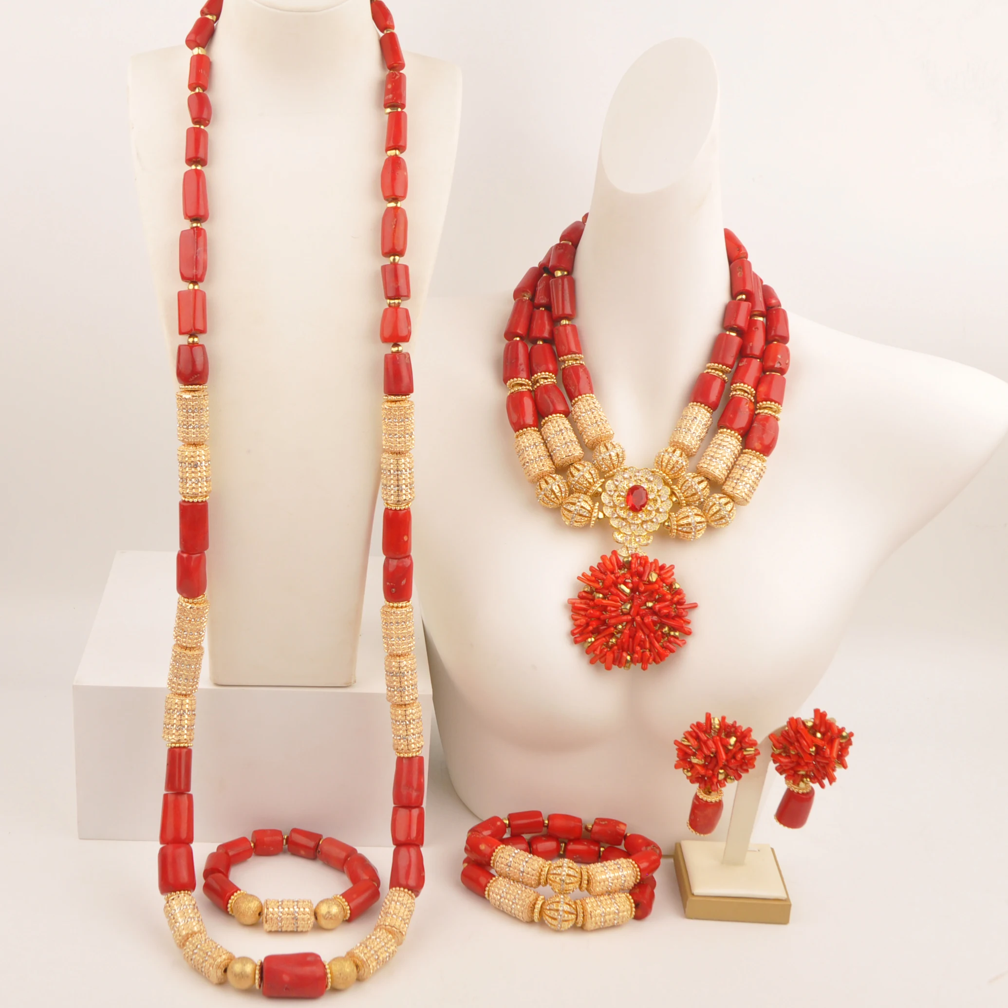 50inches Men Set+18inches Women Set Red Coral Necklace African Beads Jewelry Set