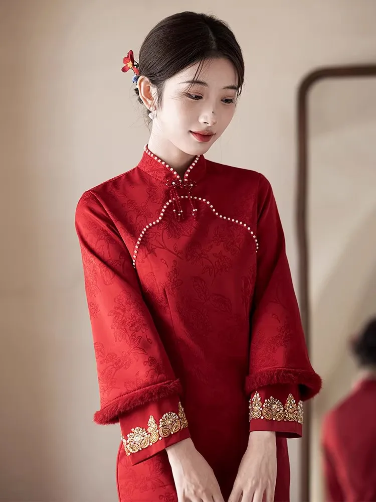 

Шикарное зимнее свадебное платье в стиле Цзяннань, красное, китайское, длинное, с подкладкой, для женщин