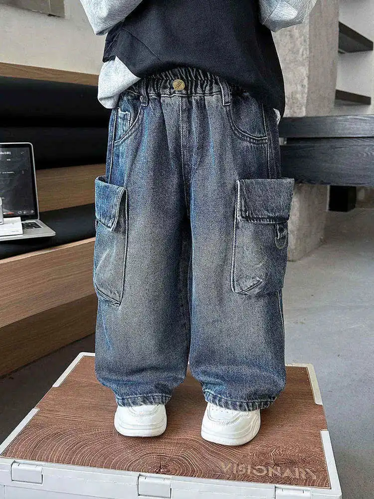 

Весенне-осенние повседневные детские прямые брюки, джинсы для мальчиков, детские джинсовые штаны, детские брюки-карго с большими карманами, От 2 до 8 лет