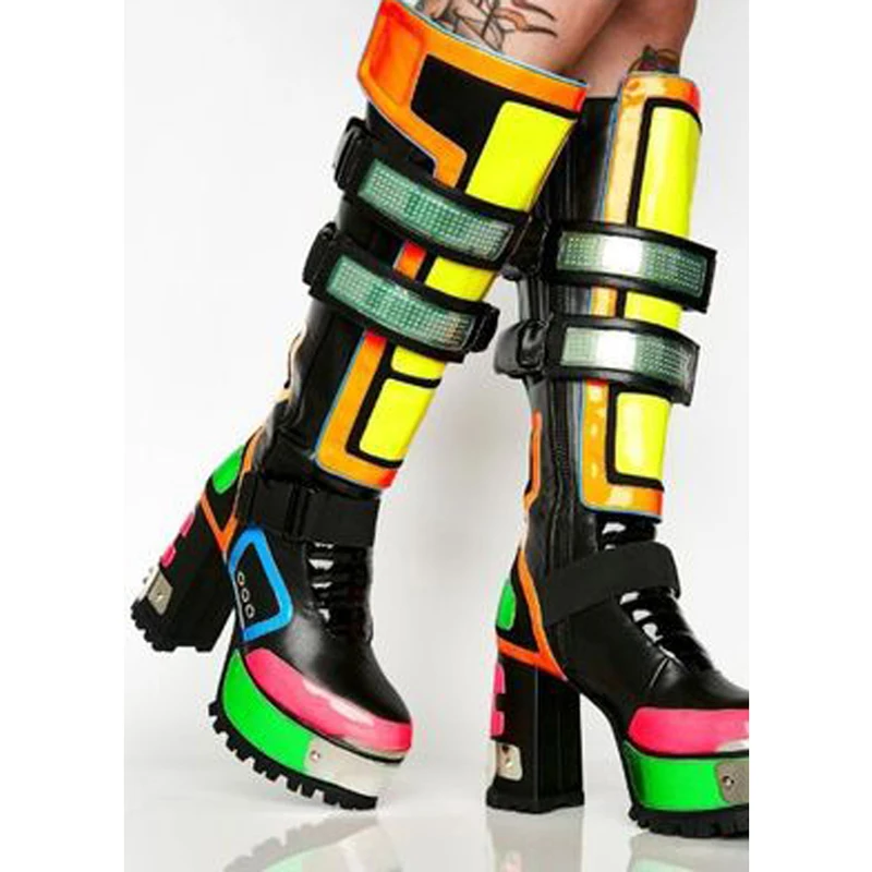 Chic Ladies Multicolor Leather Patchwork Punk Boots Buckle Platform Knee Boots Chunky Super Heels Women Cool Motorcycle Boots