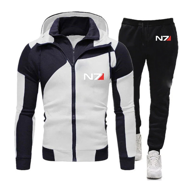 N7 Mass Effect Logo Print Men New Tracksuit Sporting Casual Color Matching Design Diagonal Zipper Hoodie+Pants Suits Clothing