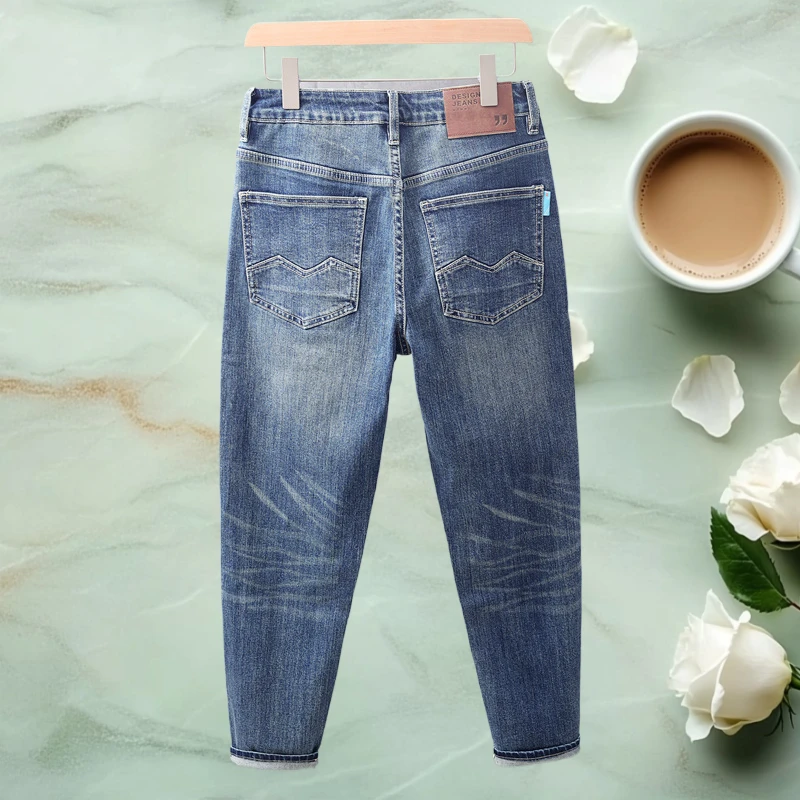 2025 Spring/Autumn New Men's Jeans Korean Style Water Washed Versatile Slim Fit Small Foot Elastic Conical Pants