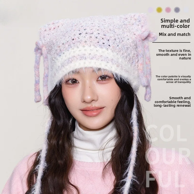 Dopamine Color Matching Horizontal Bar Korean Color Bow Cat Ears Knitted Hat Girls Winter Age Reduction Cartoon Cute Wool Hat