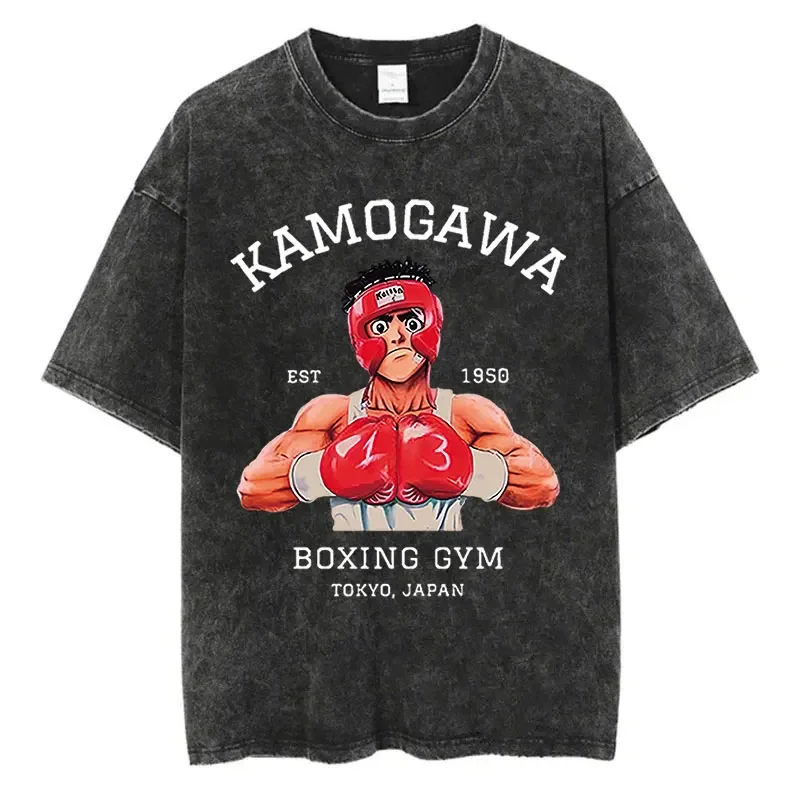 Vintage Cotton Washed T-Shirt Anime Hajime No Ippo Kamogawa Boxing Gym Loose T Shirts Men Women Y2K Hip Hop Summer Top Tee