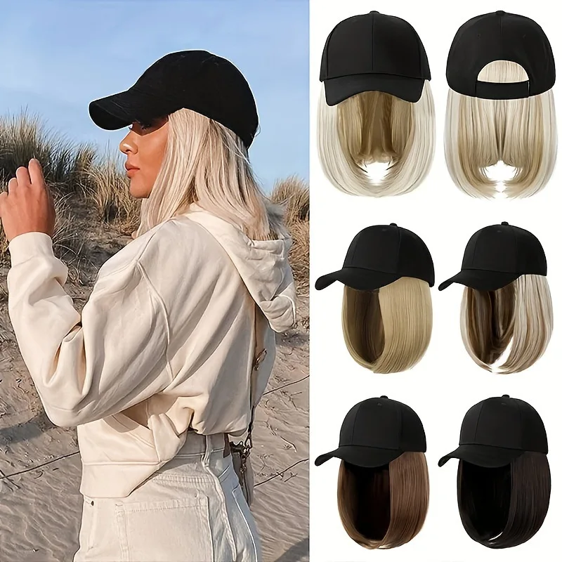 Women's Full Head Wig with Hat - Baseball Cap Bob Cut, Popular Spring Summer Duckbill Hat with Collarbone Length Synthetic Wig