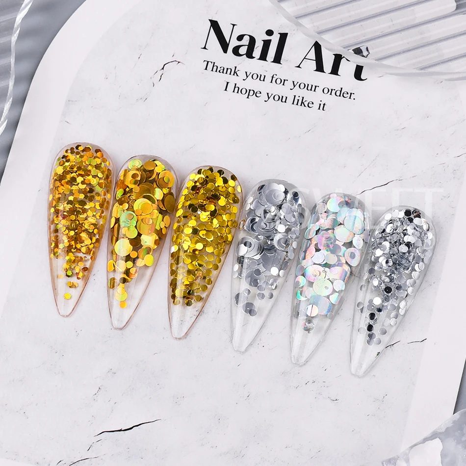 6칸 골드 실버 라운드 네일 스팽글 홀로그램 믹스 반짝이는 라운드 도트 글리터 플레이크 반짝이는 Y2K 매니큐어 장식 플래시